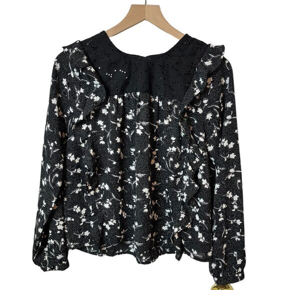 Alice‎ Blue Black and White Floral Ruffle Dots Eyelet Embroidery Blouse Size S - Picture 1 of 5